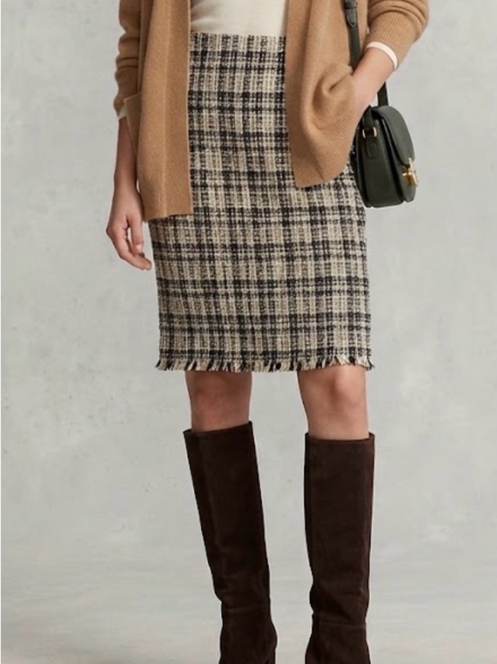 Calvin Klein Plaid Tweed Fringe Hem Pencil Skirt - Cream & Brown Size 16